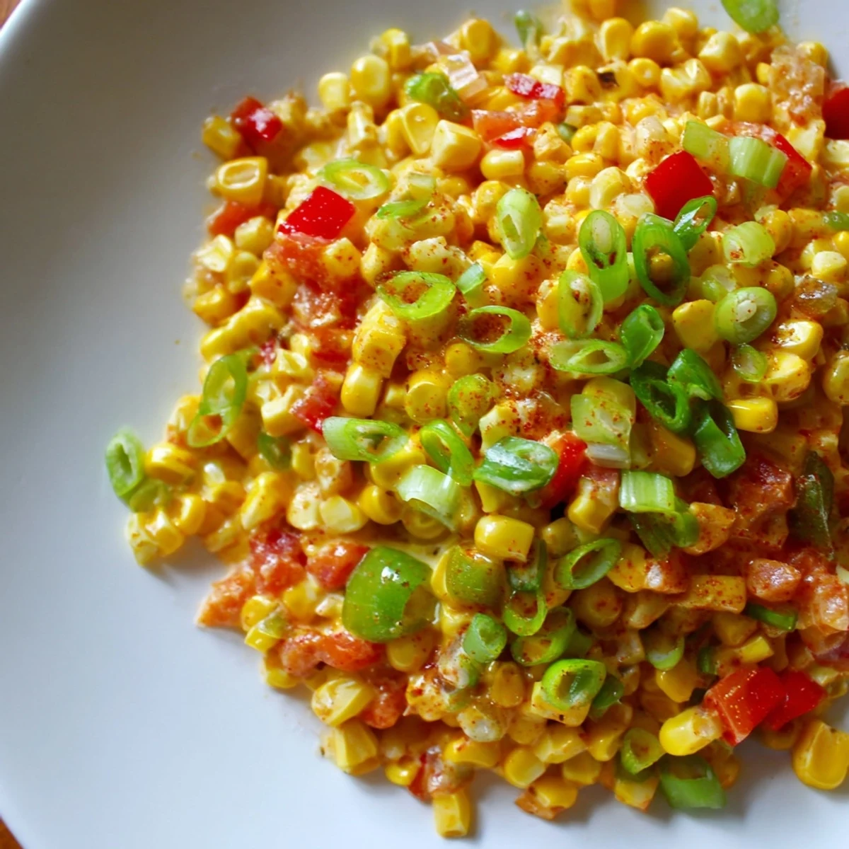 Colorful Mardi Gras Maque Choux served in a rustic bowl, garnished with green onions and ready to pair with grilled meats.