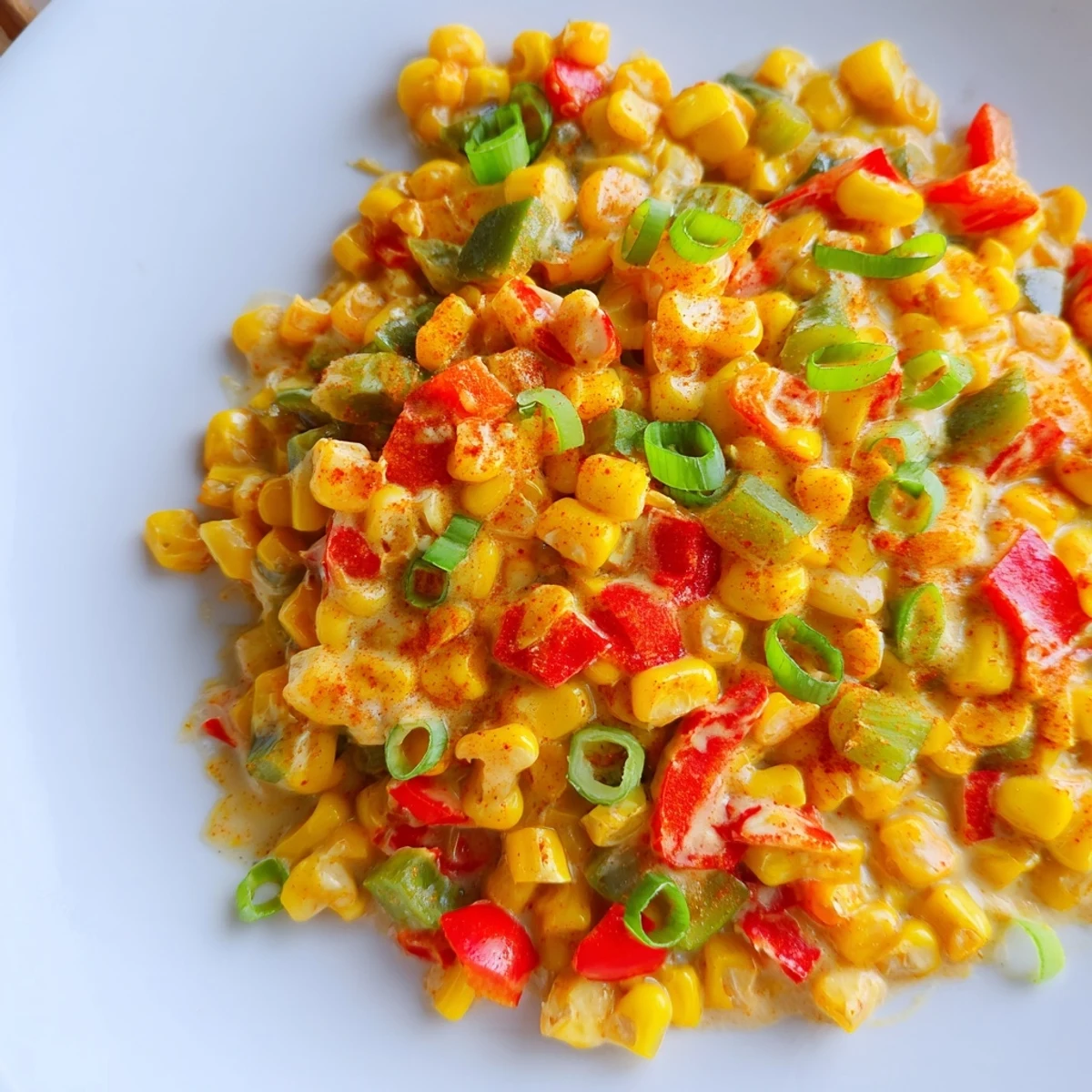 A close-up of Mardi Gras Maque Choux, a vibrant Cajun corn side dish with diced tomatoes and fresh green onions.