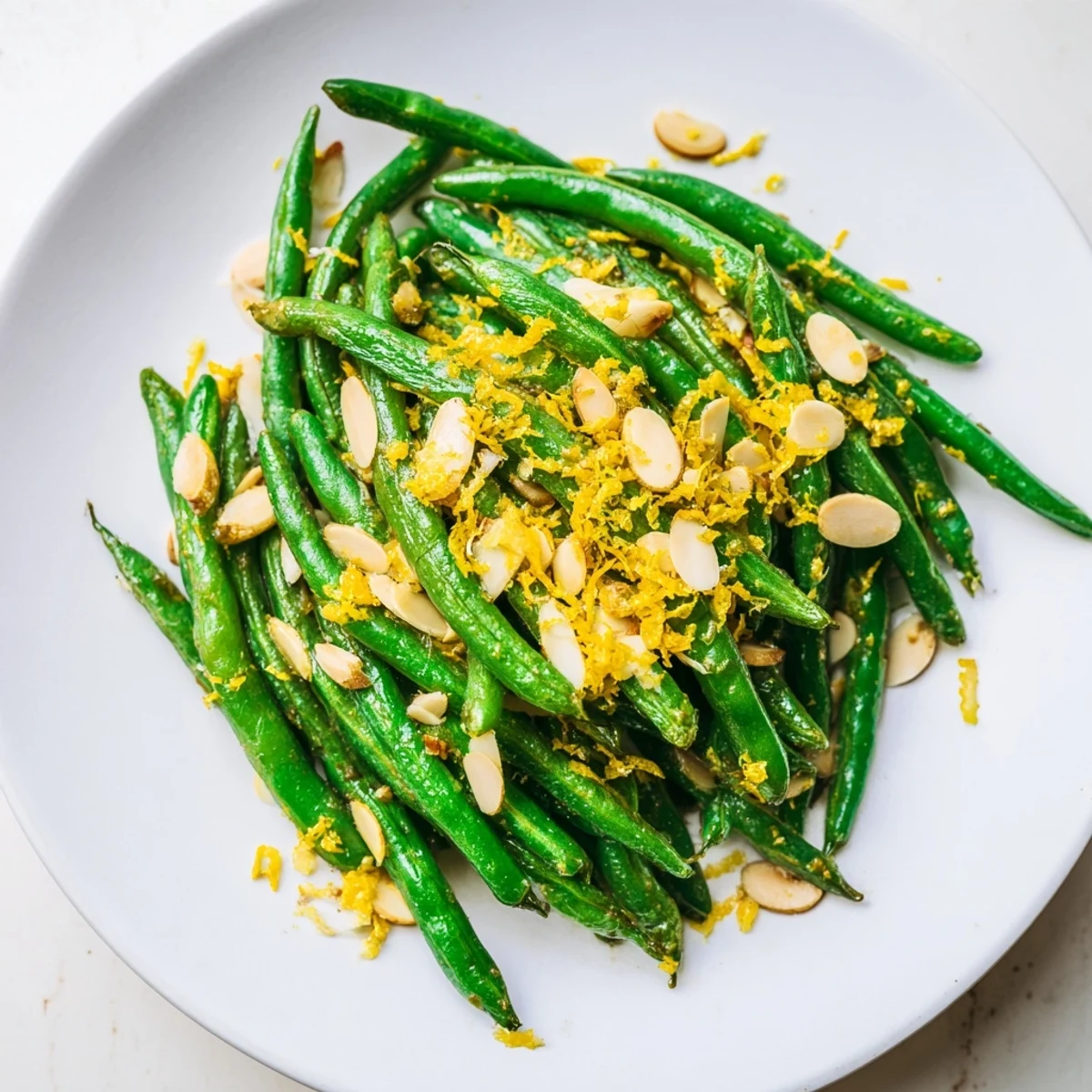 Crisp-tender green beans with lemon and almonds served warm, garnished with extra zest for brightness.