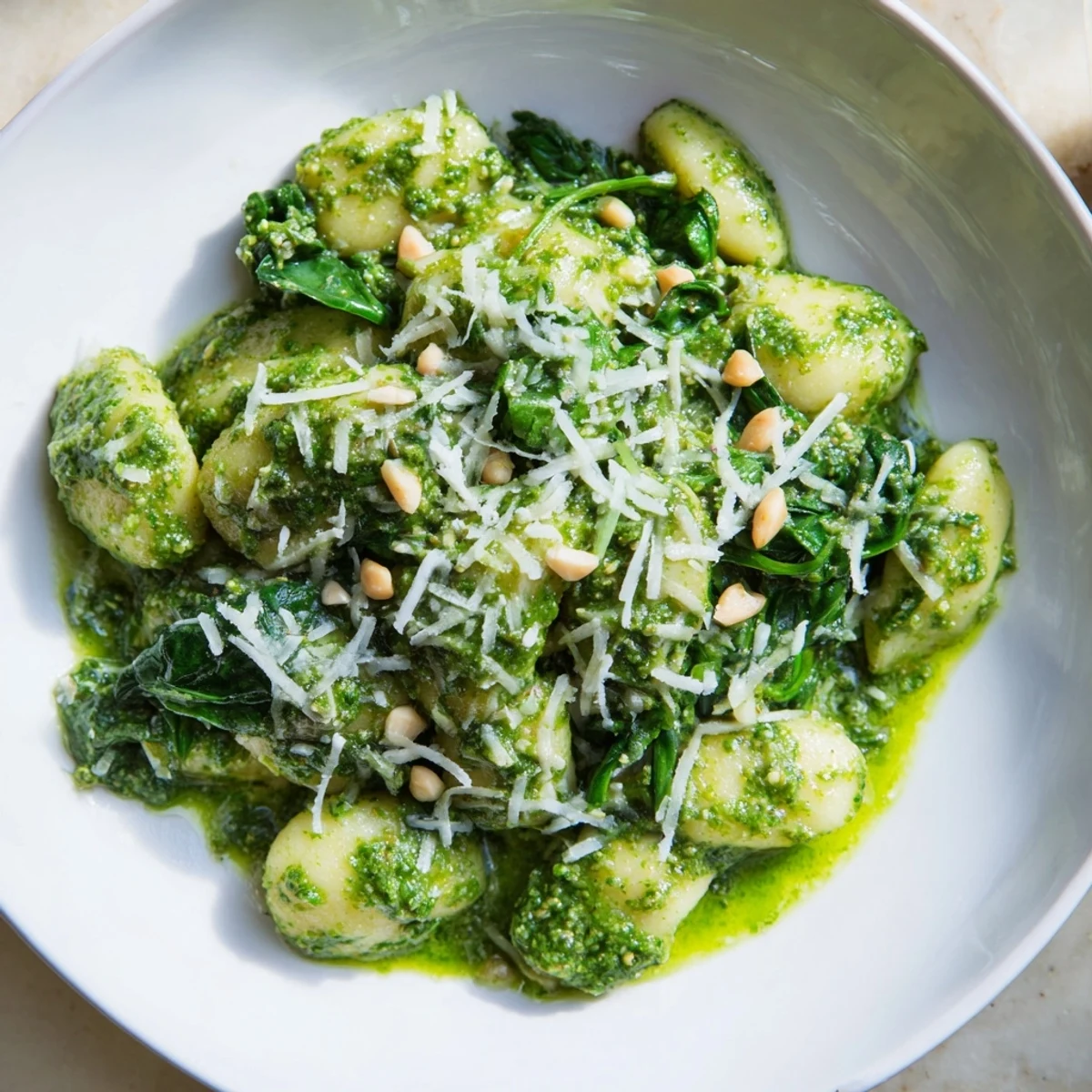 Steaming Green Pesto Gnocchi tossed with vibrant basil sauce and wilted spinach leaves.