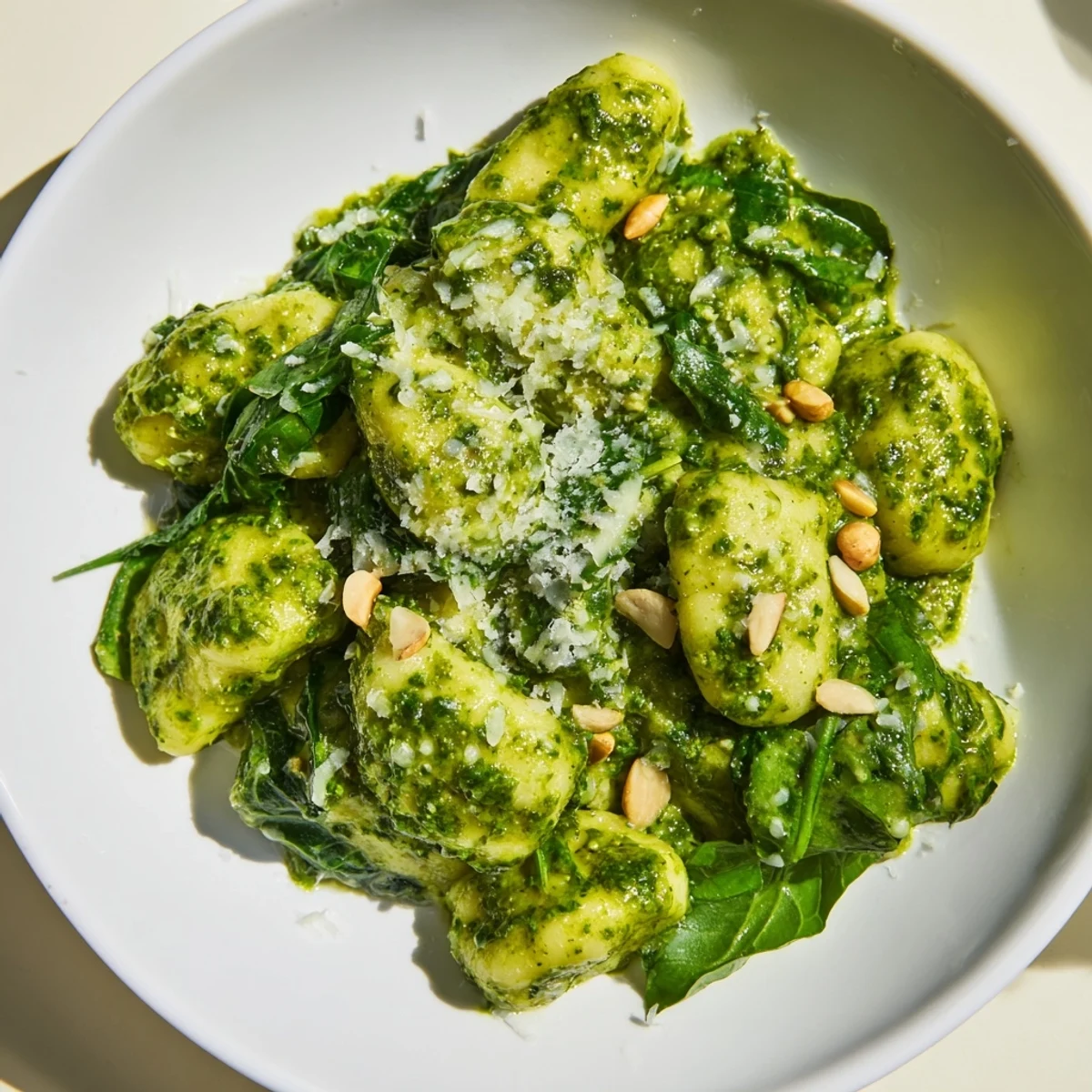 Tender potato gnocchi coated in herby pesto, mixed with sautéed baby spinach for dinner.