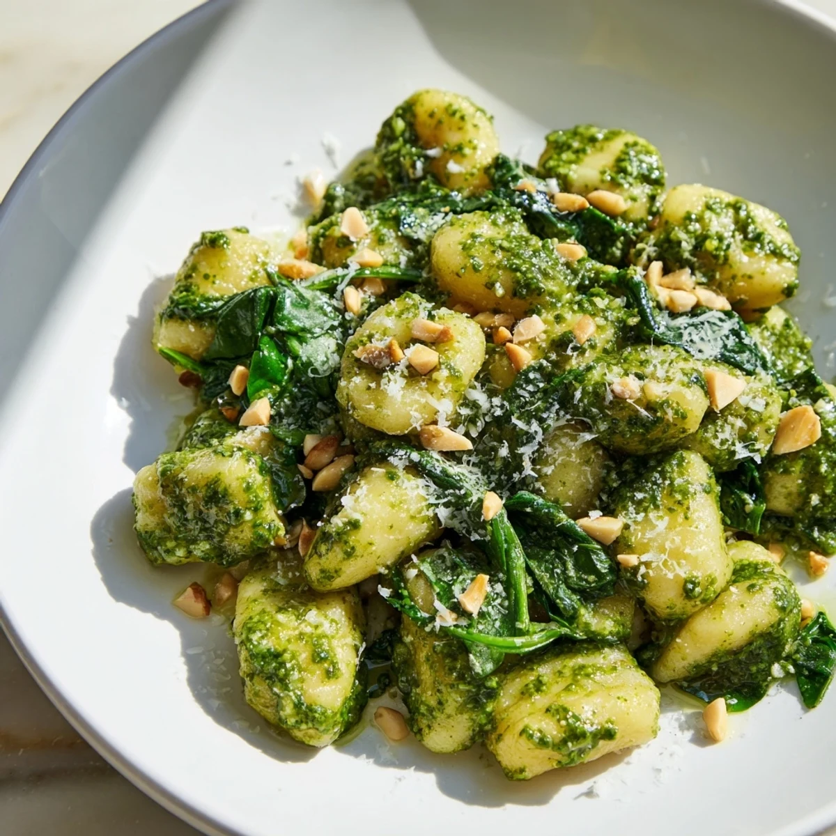 Green Pesto Gnocchi served warm, topped with Parmesan and freshly ground black pepper.