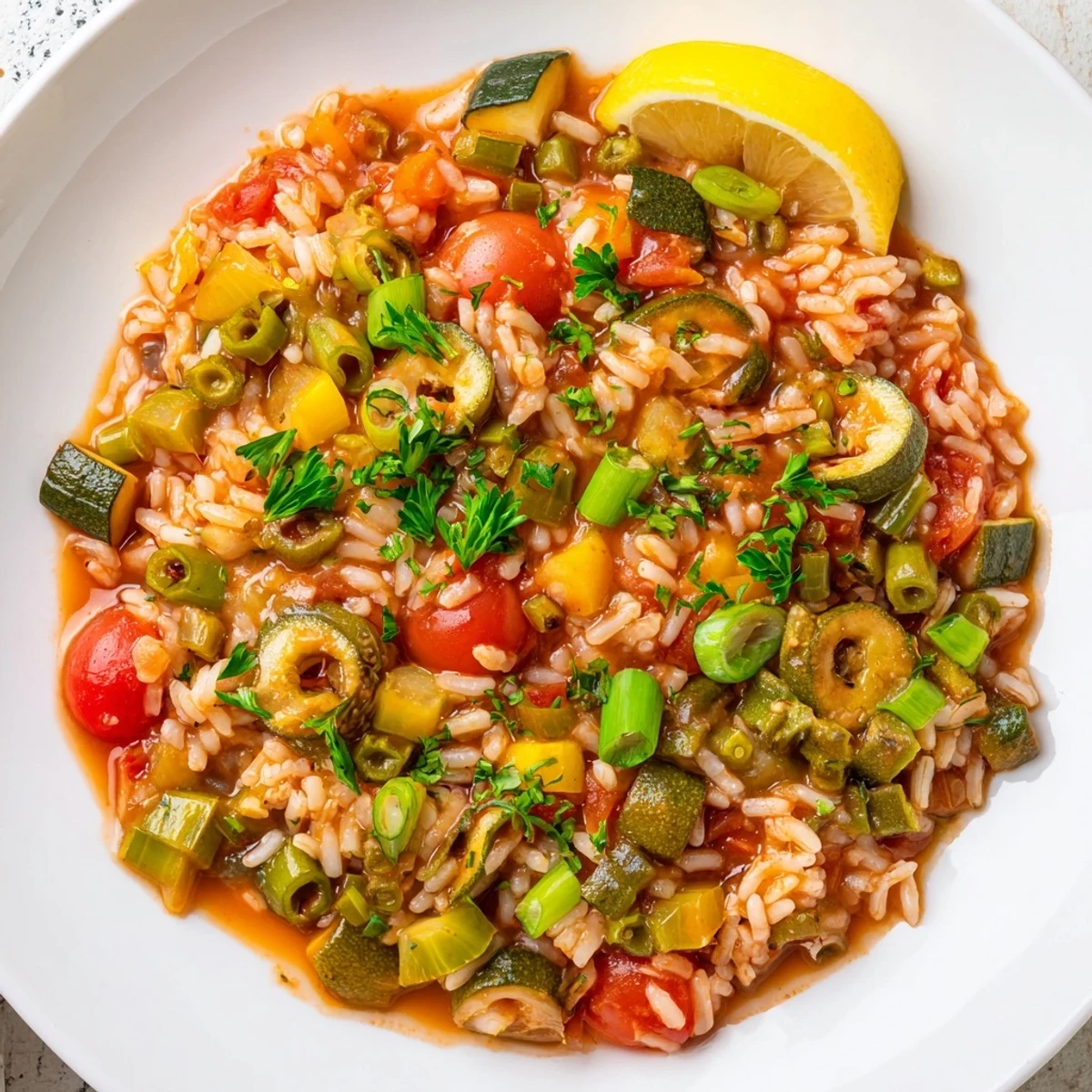 Hearty Mardi Gras Vegetable Jambalaya simmered with Cajun spices, diced tomatoes, and fresh vegetables, served steaming hot in a rustic pot.