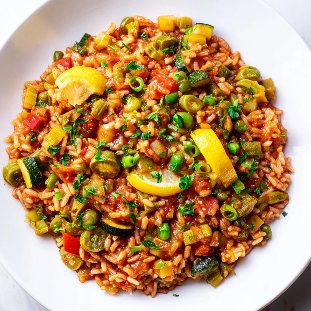 Ready-to-serve Mardi Gras Vegetable Jambalaya garnished with green onions and parsley, with lemon wedges on the side for a bright finish.