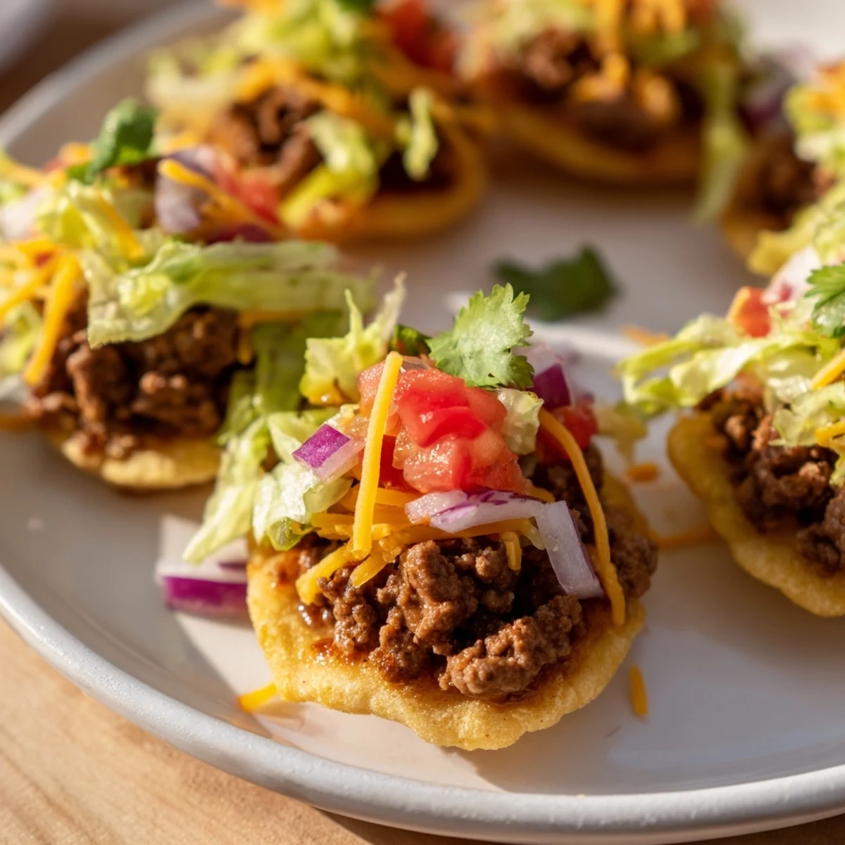 Freshly assembled Big Game Mini Tacos with salsa, cheese, and lettuce on a festive platter for game day.