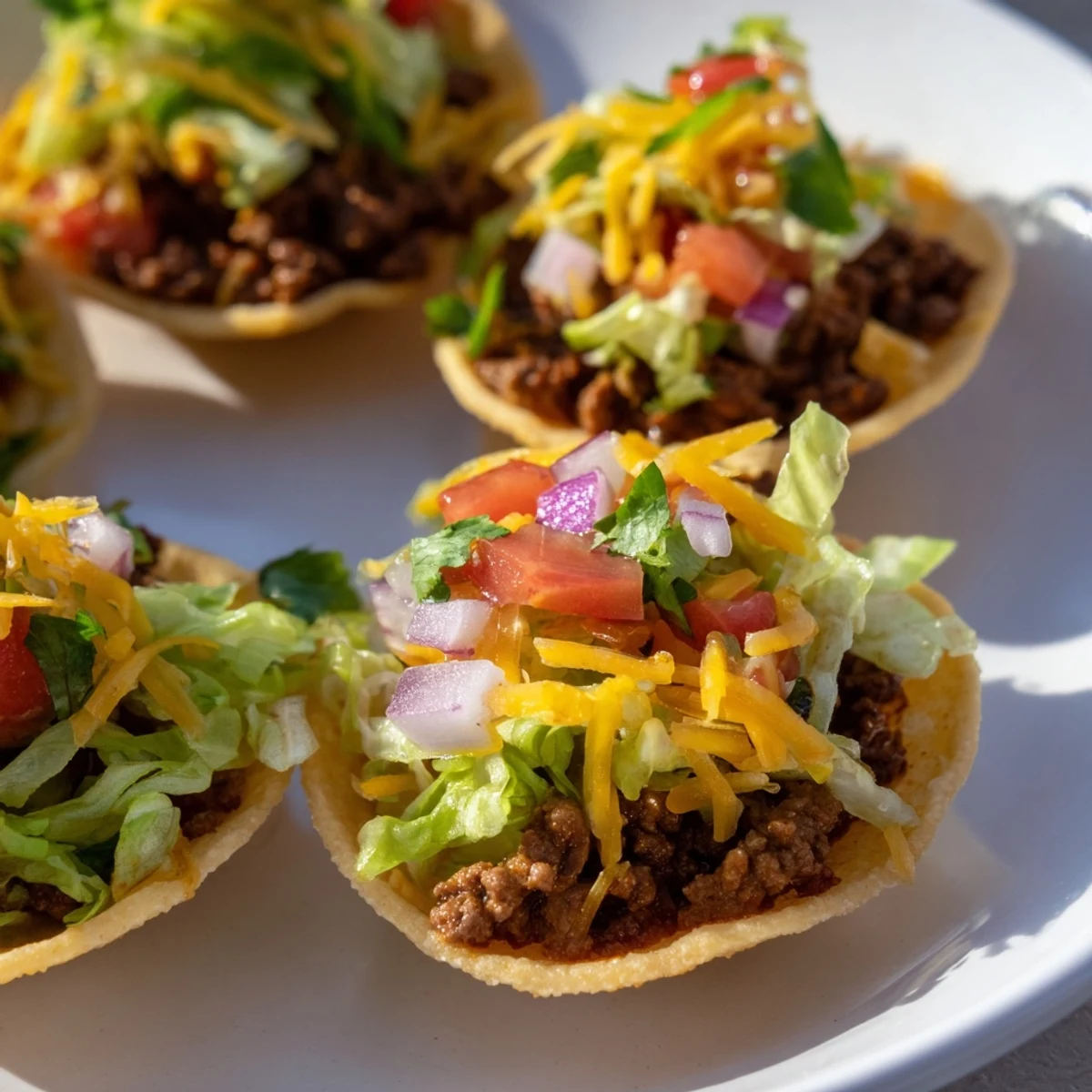 Close-up of Big Game Mini Tacos topped with avocado and sour cream, ready for Super Bowl snacking.