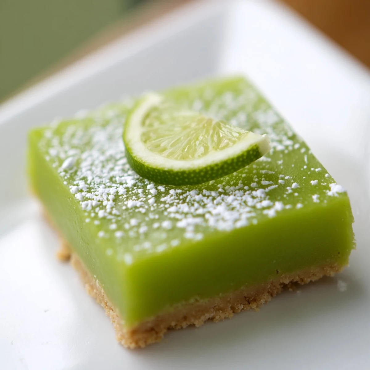 Vibrant green St. Patrick's Day Lime Bars rest on a wooden board with powdered sugar dusting, showcasing a crisp graham cracker crust and zesty lime filling.  