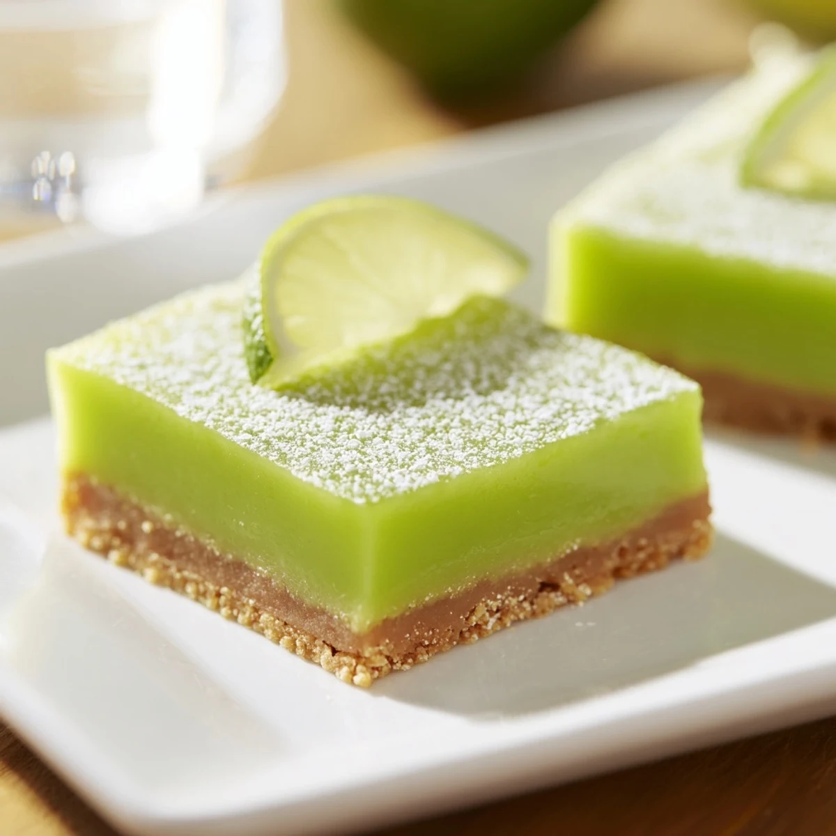 Close-up view of a cut St. Patrick's Day Lime Bar revealing the creamy green citrus center and golden brown graham cracker crust, ready to be served chilled.