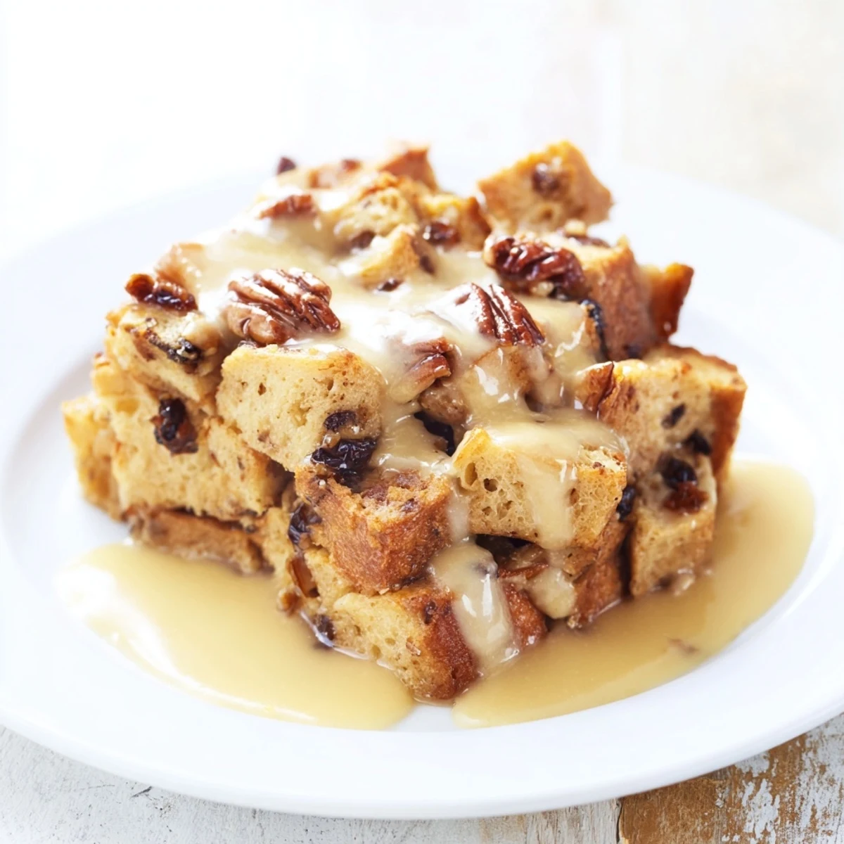 Serve this comforting New Orleans Bread Pudding with Vanilla Sauce in a bowl for a decadent Southern dessert.