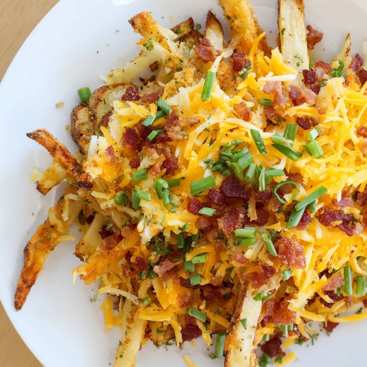 Golden Super Bowl Cheese Fries with Turkey Bacon piled high on a platter, melted cheddar and Monterey Jack oozing over crispy potato wedges. Fresh green onions and parsley garnish the loaded fries, creating a tempting appetizer for game day gatherings. The savory aroma of smoked paprika and crispy turkey bacon makes this snack irresistible. Perfect for sharing during Super Bowl parties, these gluten-free fries are served hot with sour cream on the side.