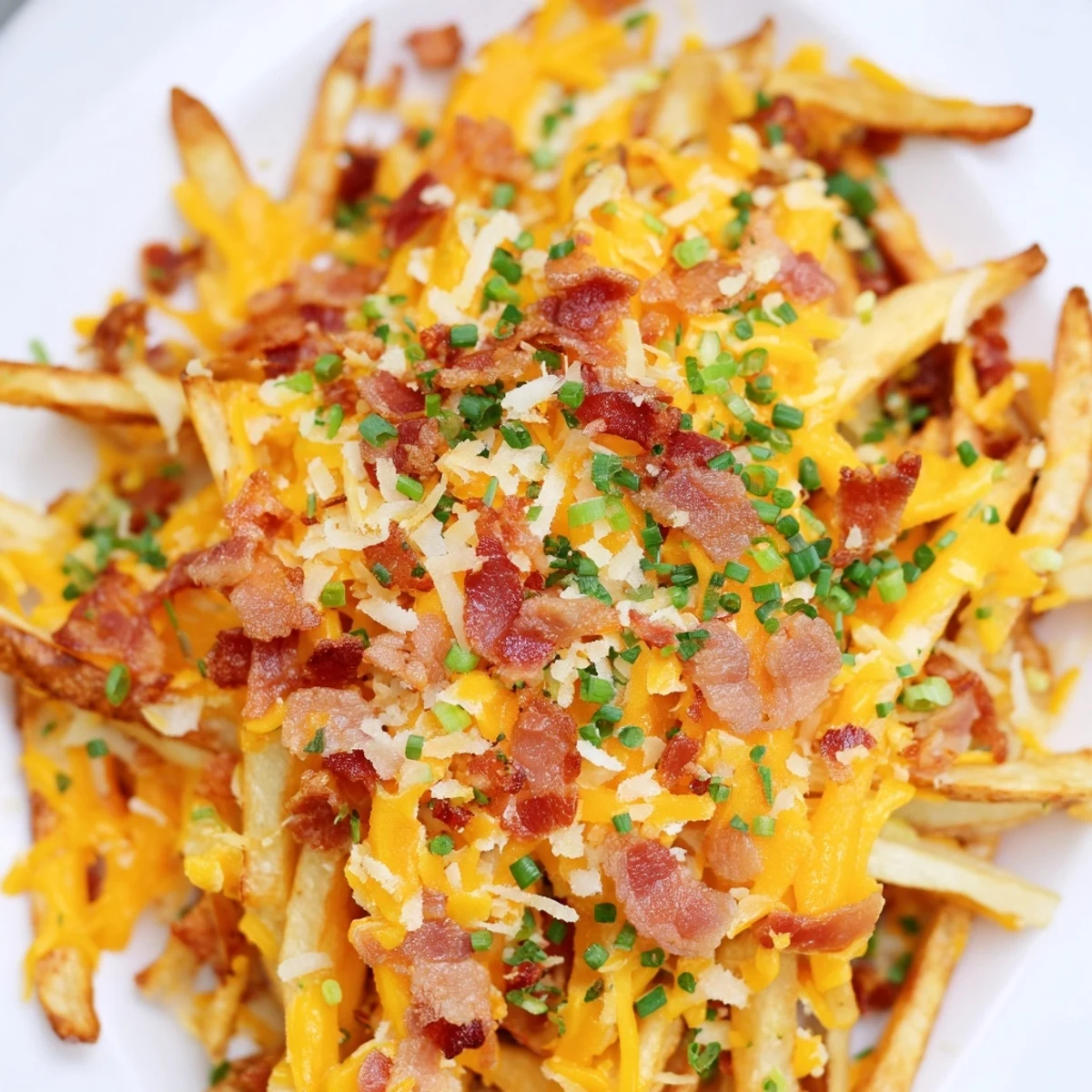 Close-up of Super Bowl Cheese Fries with Turkey Bacon, showcasing crispy baked russet potatoes smothered in bubbly, melted cheese blend. Crumbled turkey bacon bits and fresh green onions add texture and color to this American appetizer. Ideal for snack tables, these fries deliver comfort food vibes with a gluten-free option. The cheese stretches beautifully, highlighting the easy 50-minute homemade recipe perfect for sports fans.