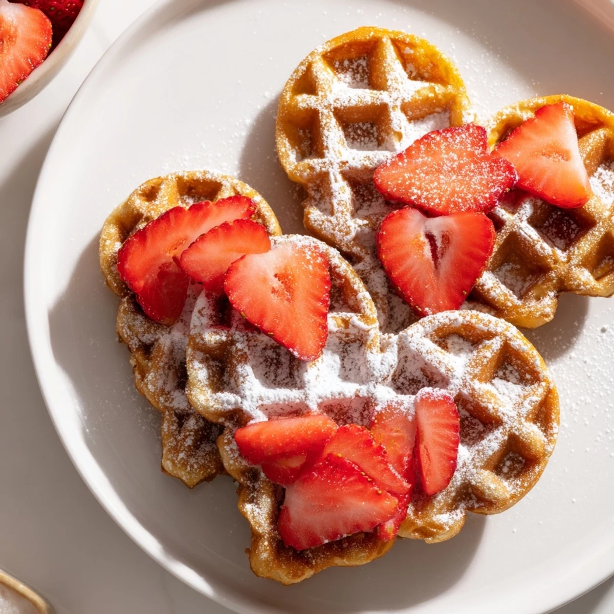 Golden-brown Sweetheart Heart Shaped Waffles stacked high, topped with fresh sliced strawberries and a dollop of whipped cream.