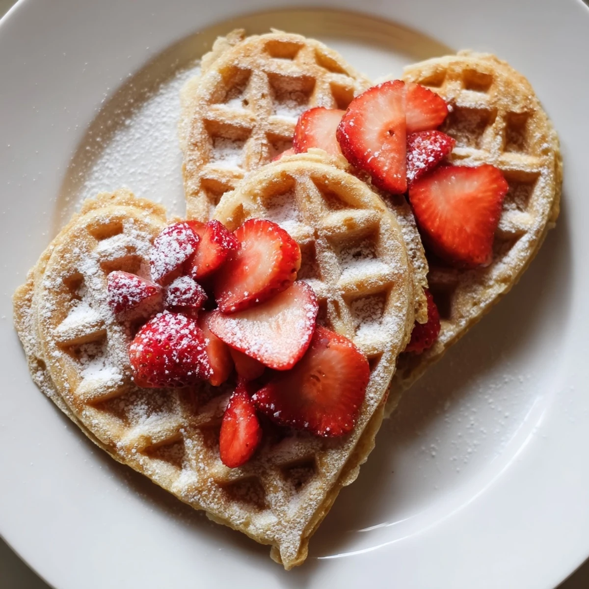Sweetheart Heart Shaped Waffles drizzled with warm maple syrup and scattered chocolate chips, ready for a romantic breakfast.