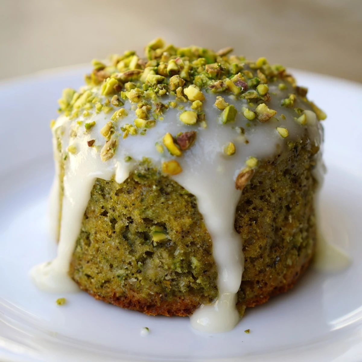 Freshly baked Green Pistachio Muffins with glaze dripping down the sides on a cooling rack.