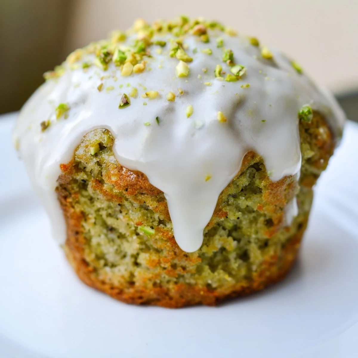 Golden-brown muffin tops topped with chopped pistachios and a sweet, glossy vanilla glaze.