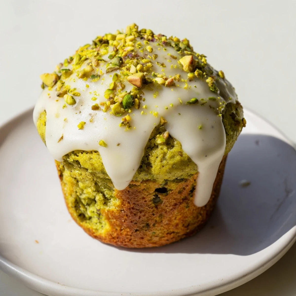 Moist and fluffy Green Pistachio Muffins served on a white plate, perfect for breakfast.