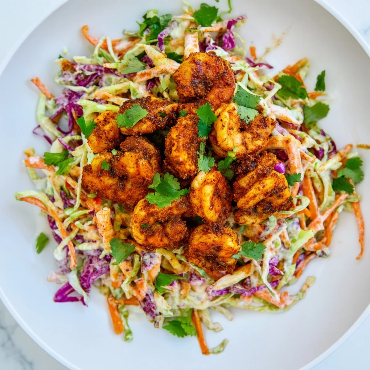 Golden-warm corn tortillas cradle bold Cajun shrimp, piled high with colorful crunchy slaw, avocado slices, and a bright squeeze of lime. 