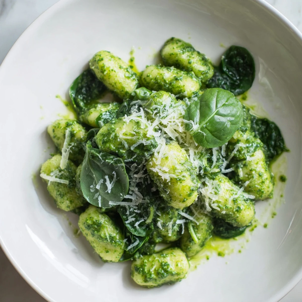 Golden gnocchi with spinach and Parmesan coated in vibrant basil pesto on a white plate, garnished with extra cheese and fresh basil leaves.