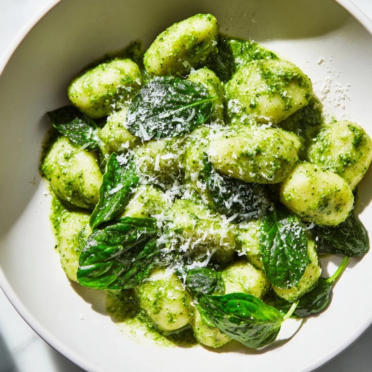 A close-up of Pesto Gnocchi with Spinach and Parmesan, highlighting the tender dumplings, wilted greens, and nutty cheese melted into the sauce.