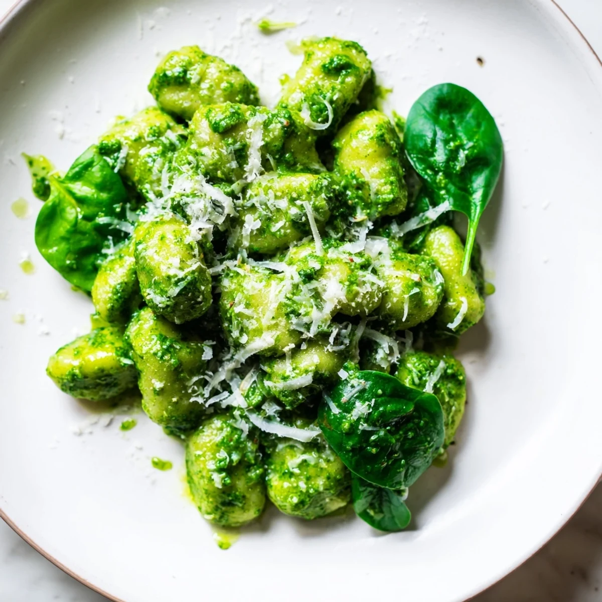 A skillet of steaming Pesto Gnocchi with Spinach and Parmesan, with sautéed garlic, olive oil, and bright basil pesto tossed together for a comforting Italian-inspired meal.