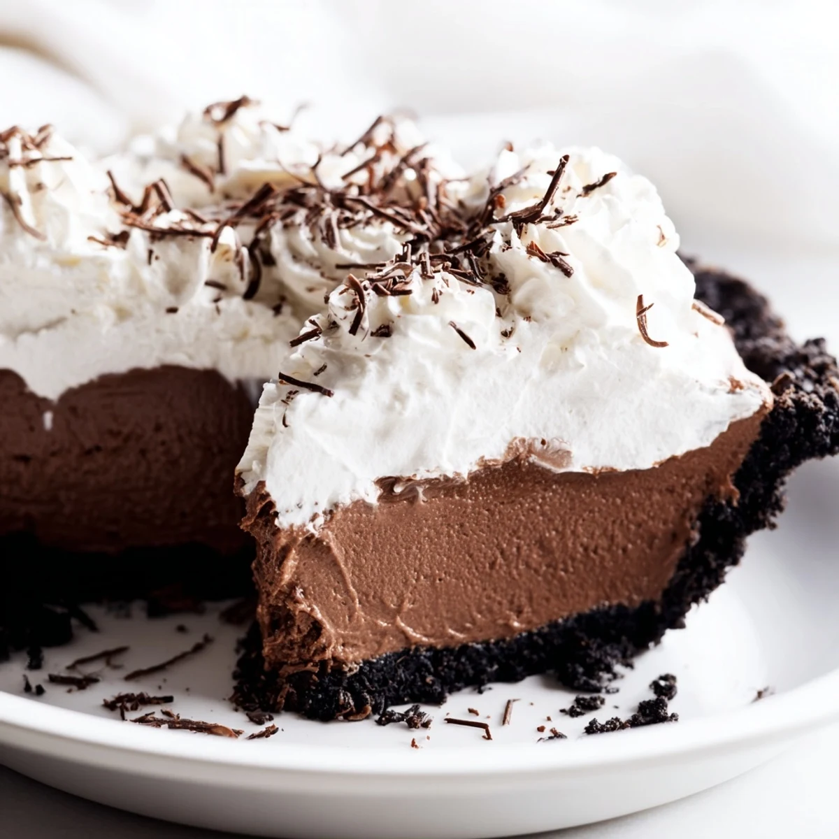 A slice of Chocolate Silk Pie with Whipped Cream, showcasing its ultra-creamy texture against a rich, dark chocolate cookie crust.  