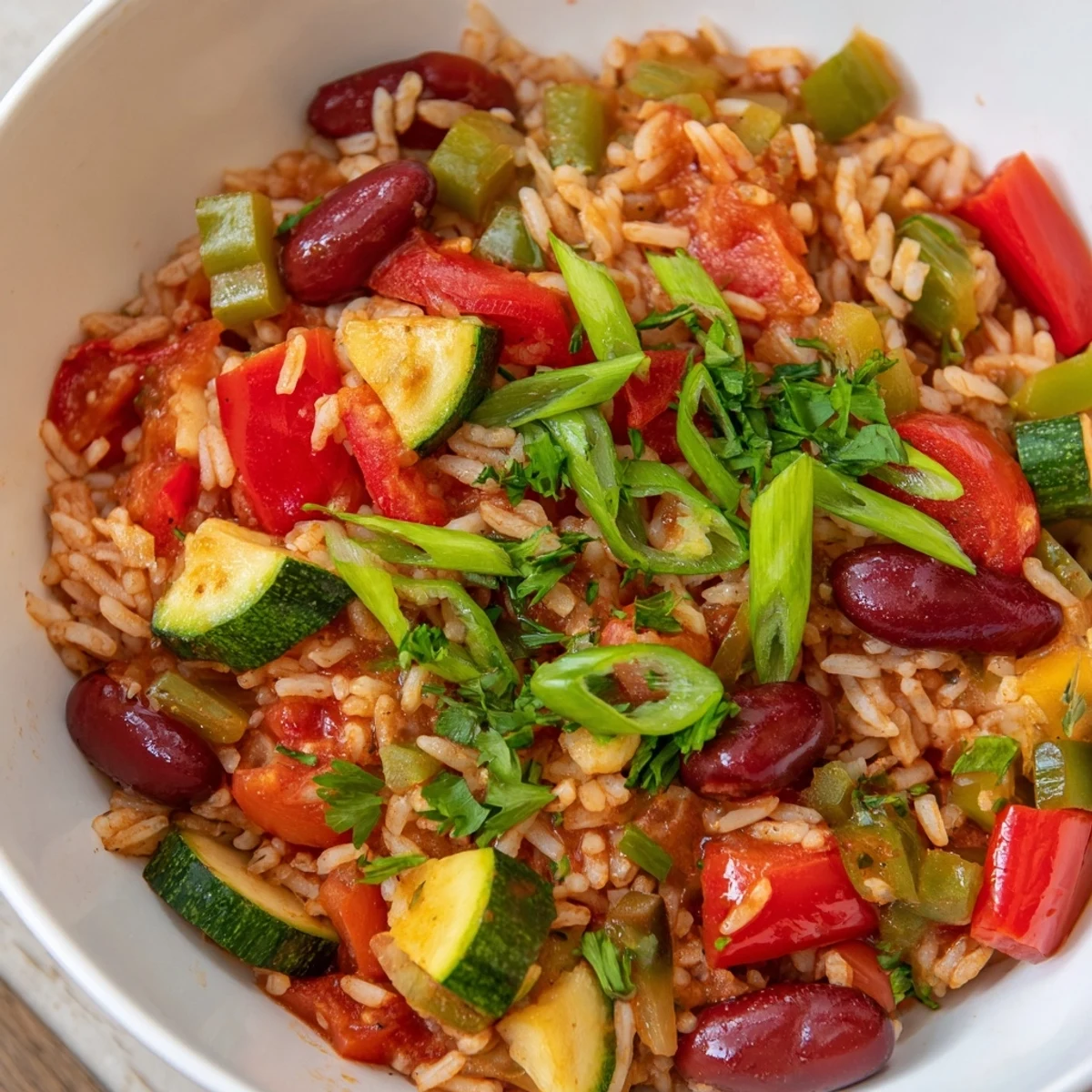 A close-up of vegetable jambalaya with kidney beans, showcasing vibrant diced peppers and fluffy rice. 