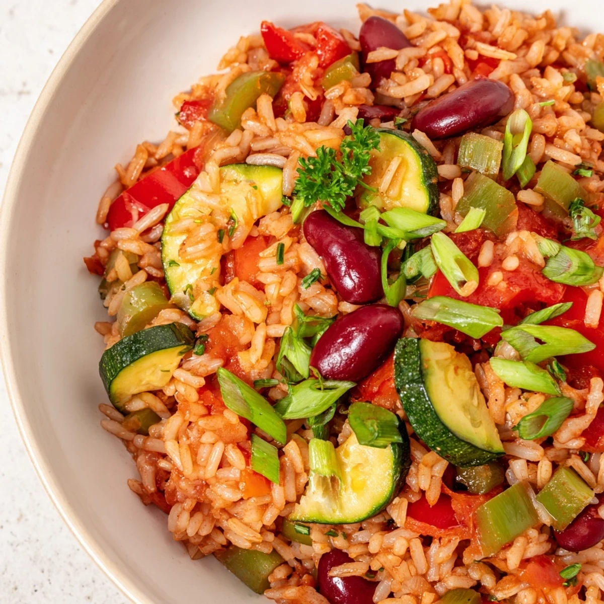 Hearty vegetable jambalaya with kidney beans served in a rustic white bowl with lemon wedges on the side. 
