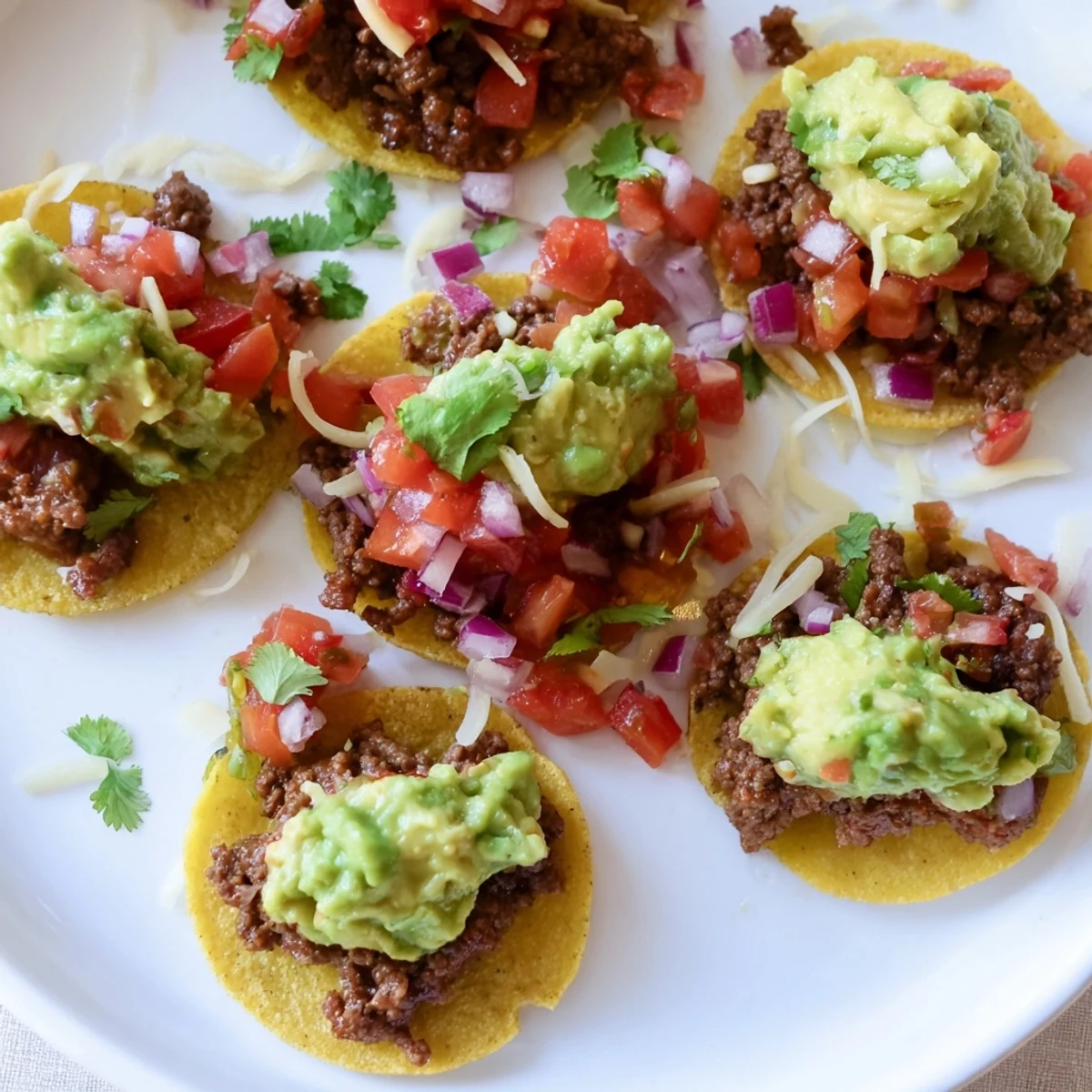 Golden-brown mini corn tortillas filled with seasoned ground beef, topped with vibrant salsa and creamy guacamole, ready to serve.