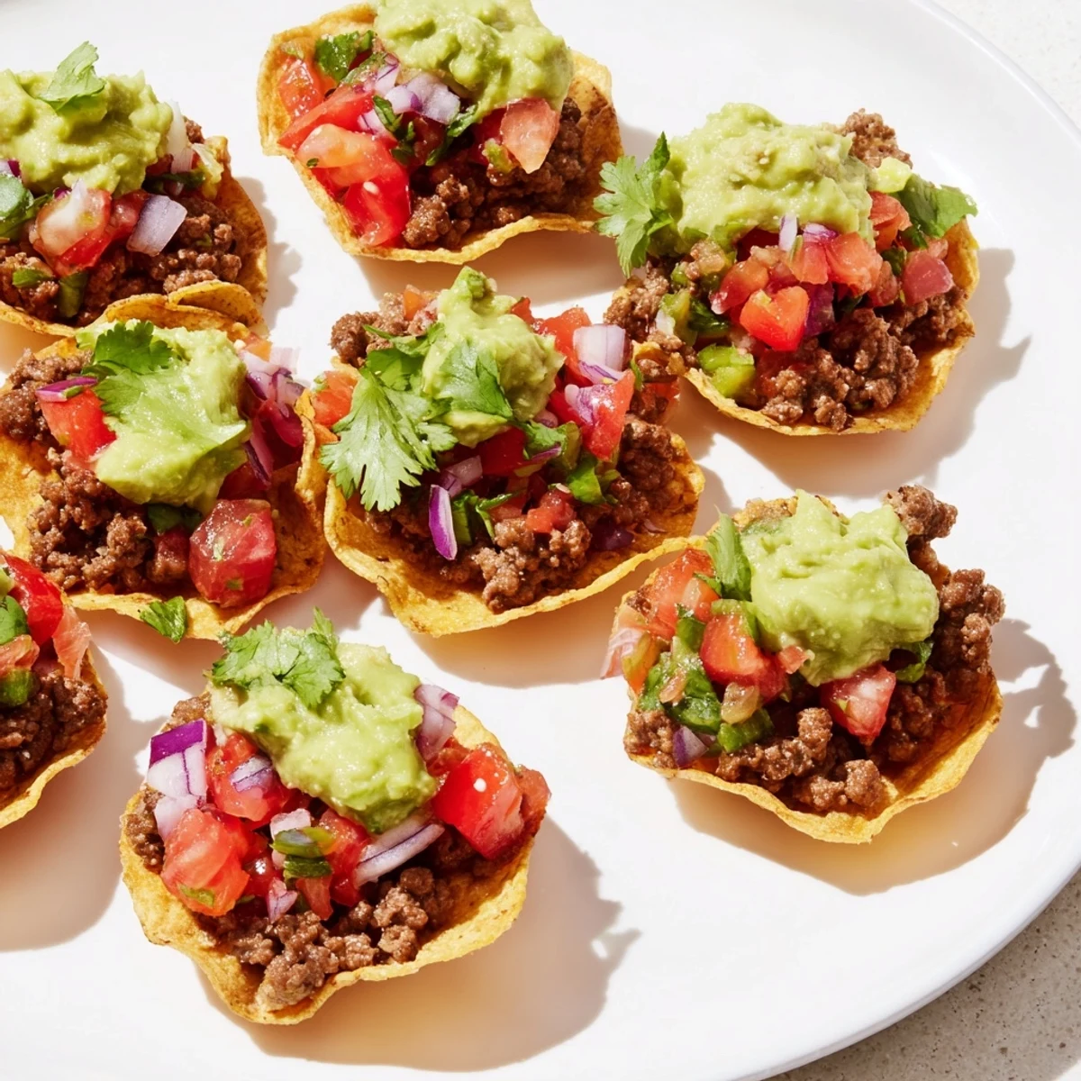 A close-up of Mini Tacos with Salsa and Guacamole, garnished with fresh cilantro and lime wedges on a rustic table.