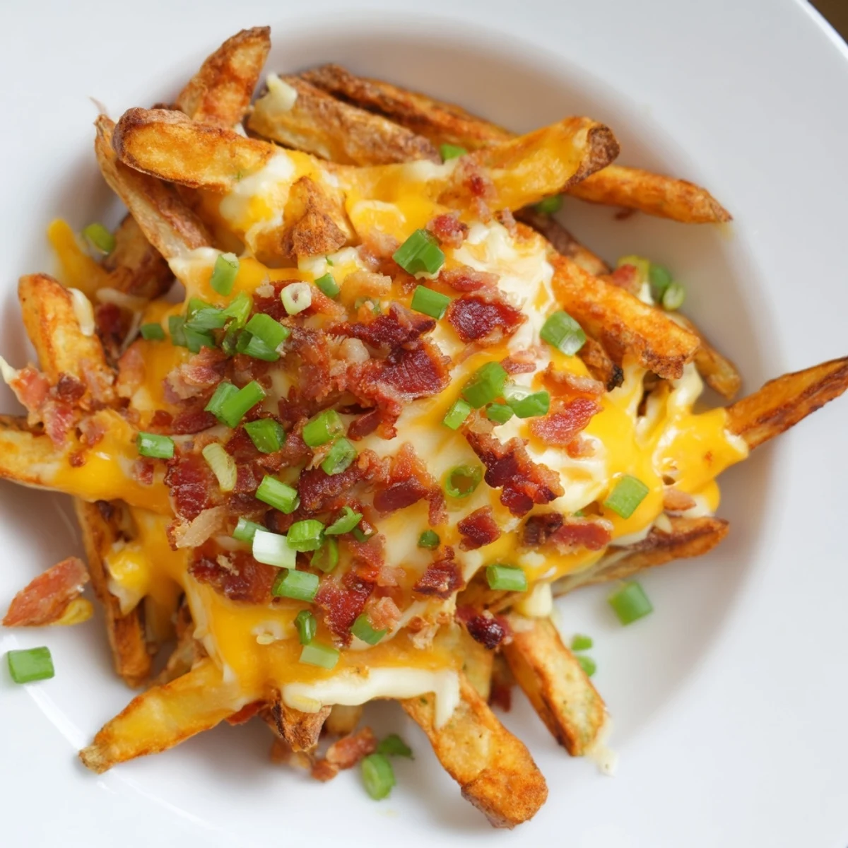 Golden-brown russet fries from the oven, blanketed in melted sharp cheddar and sprinkled with crispy, crumbled turkey bacon bits.