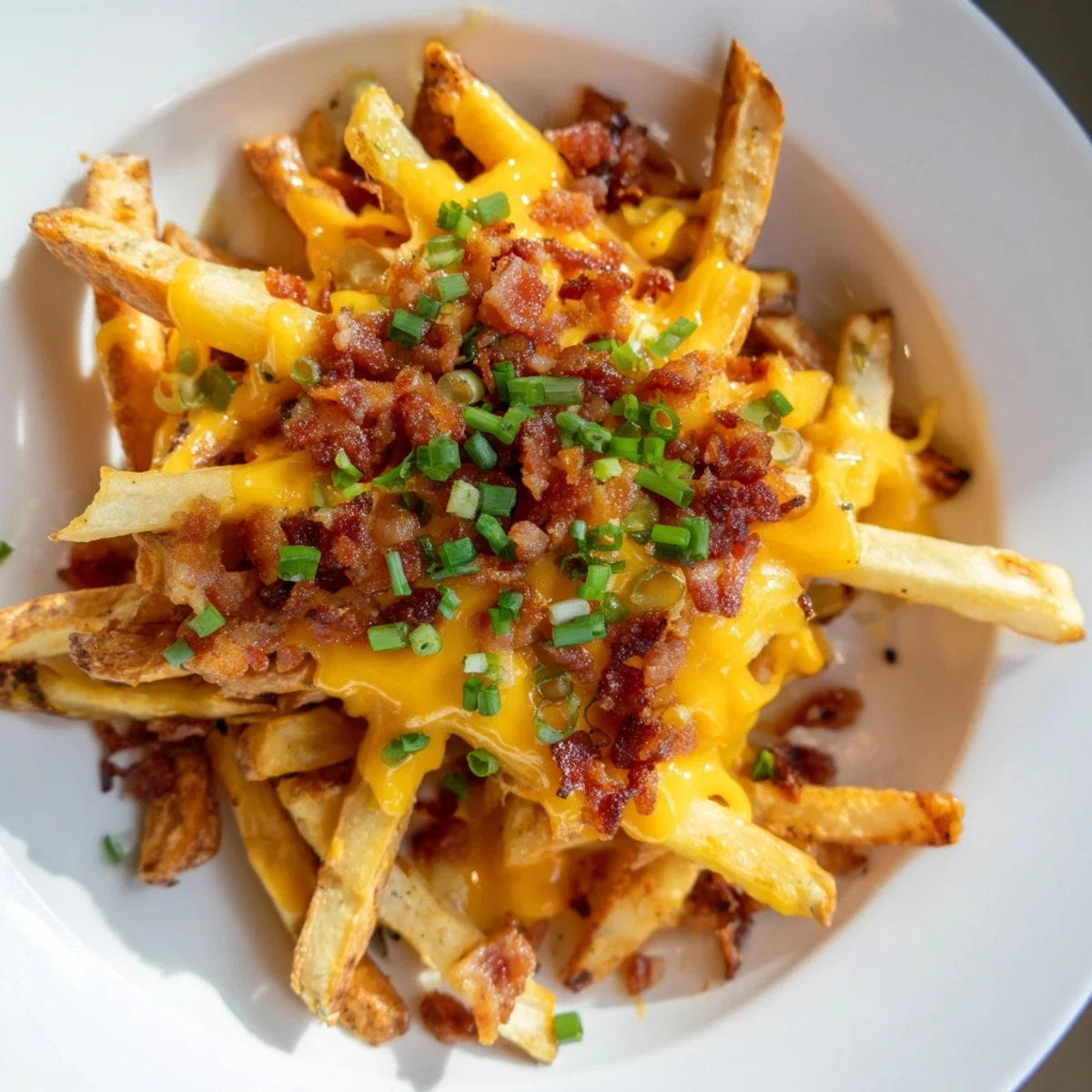 A close-up of savory cheese fries with turkey bacon, fresh green onions, and a dollop of cool sour cream on the side.