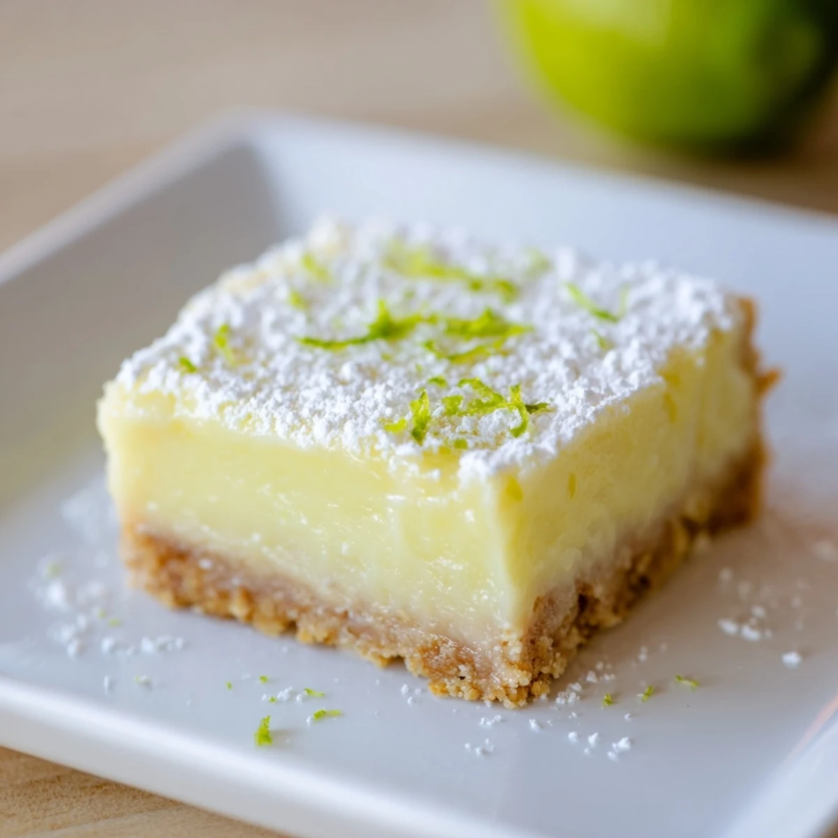 Freshly baked Lime Bars with graham cracker crust, showcasing a bright yellow filling and a light dusting of powdered sugar on a rustic wooden table.