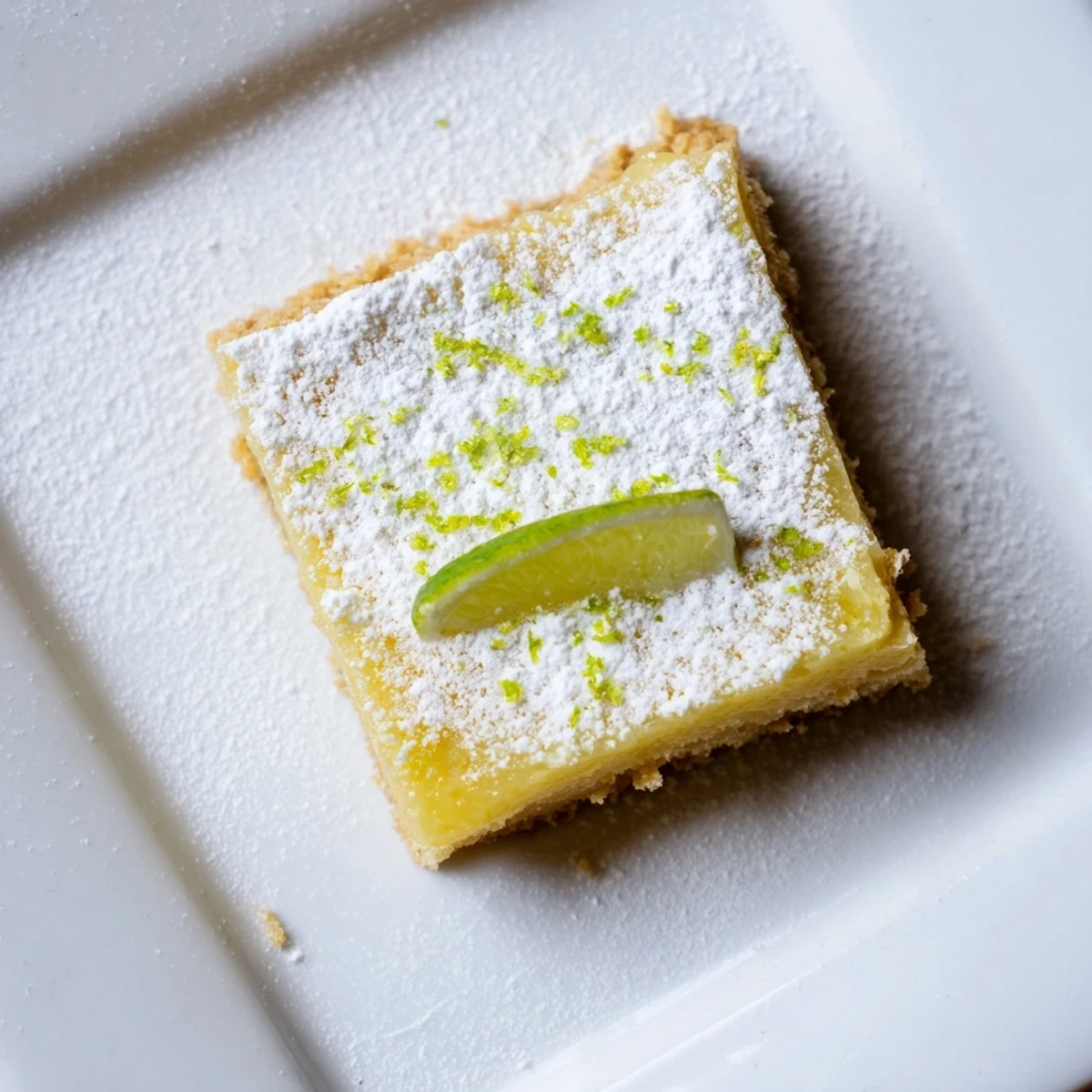 Chilled Lime Bars with graham cracker crust are arranged on a white plate, garnished with extra lime zest for a zesty, sweet finish.