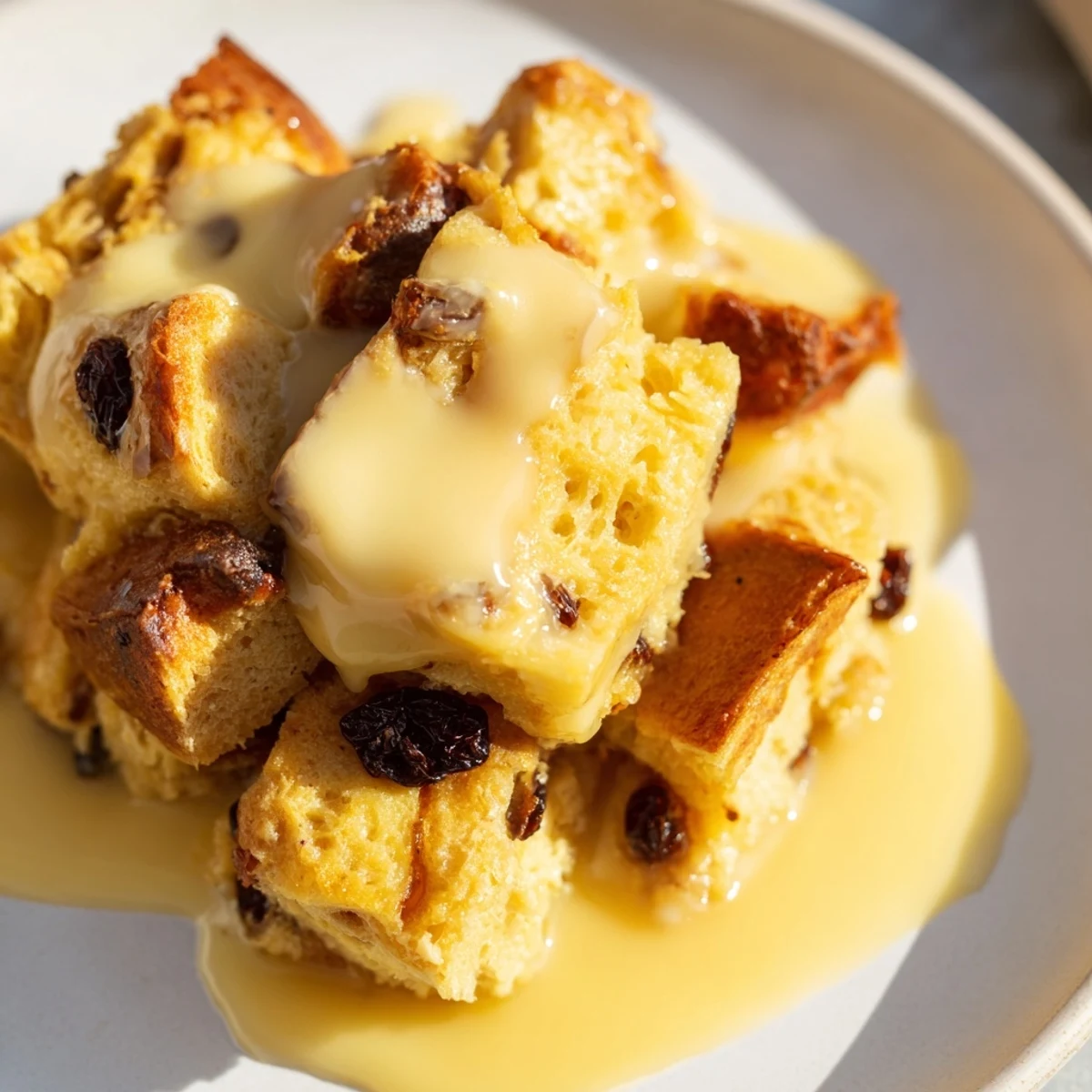 A close-up of warm bread pudding with golden brown edges, drenched in a glossy, homemade vanilla sauce and garnished with a light dusting of cinnamon.