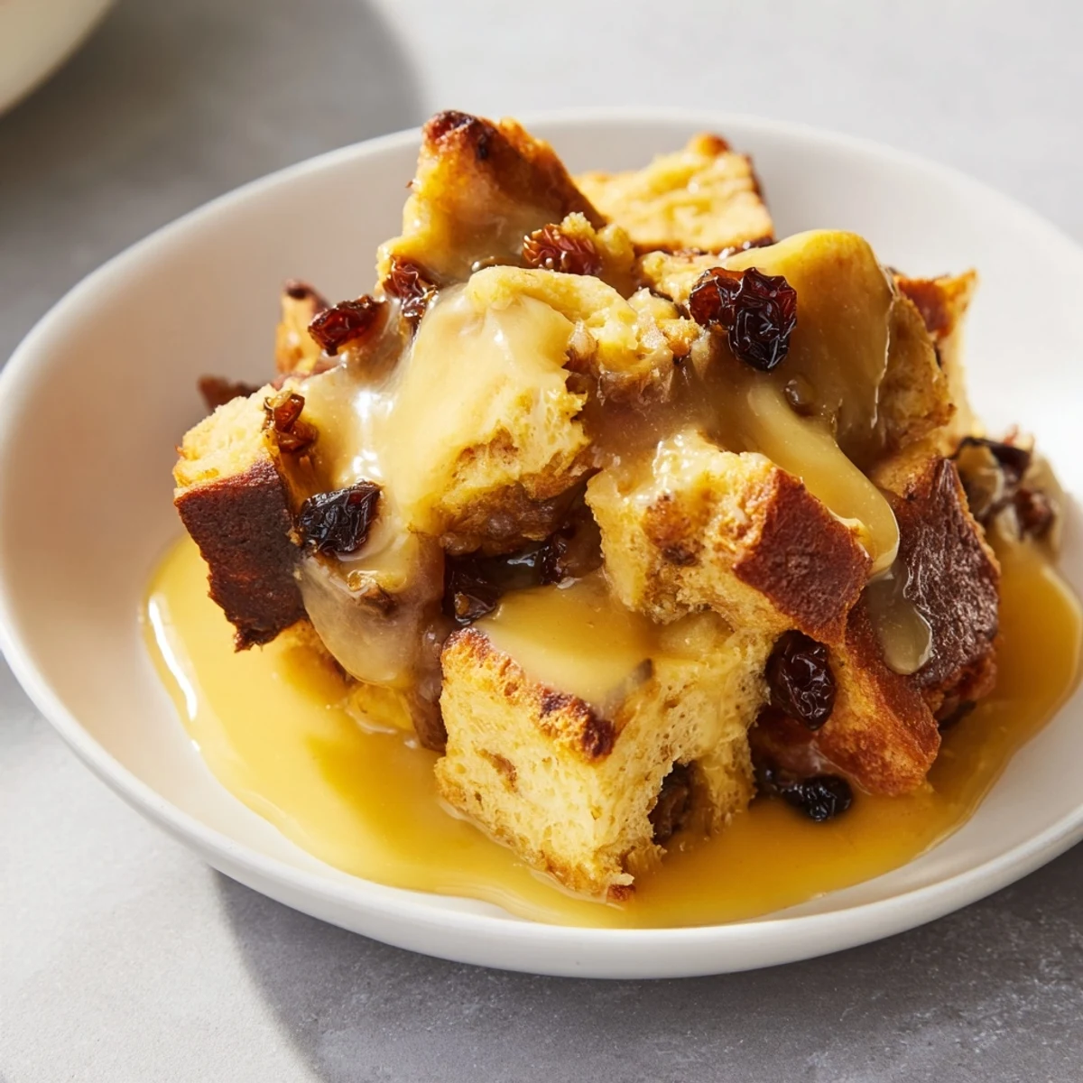 Serving suggestion for bread pudding: a generous slice featuring soft, custard-soaked bread cubes and a creamy vanilla drizzle, perfect for a comforting American dessert.