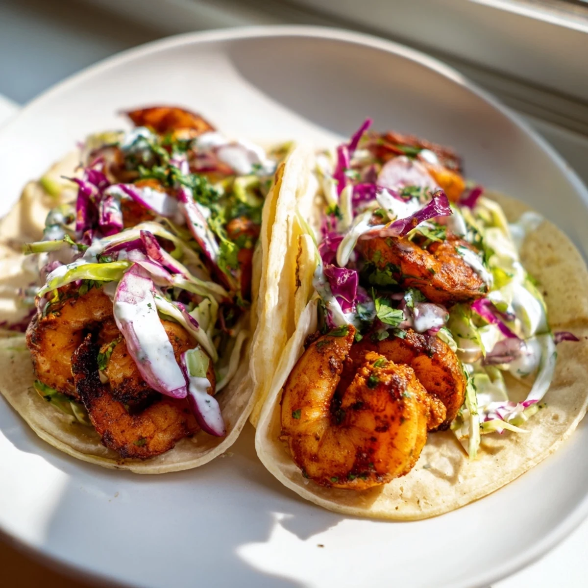 Juicy, spice-seasoned shrimp nestled in soft corn tortillas with a colorful, crunchy cabbage slaw, ready to enjoy.