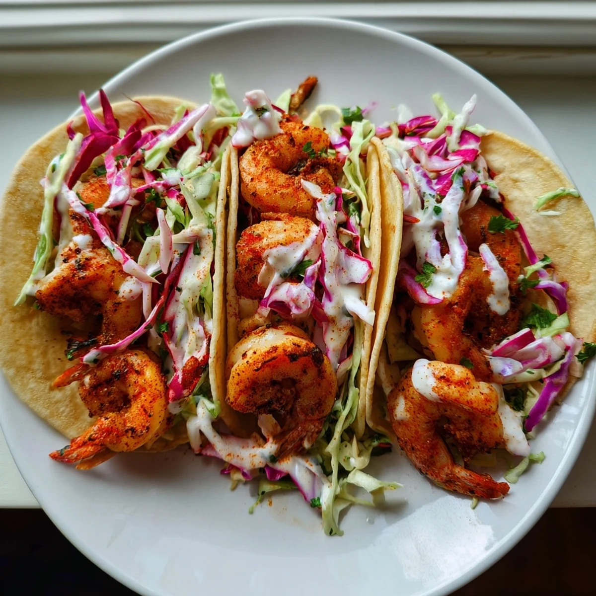 Shrimp Tacos with Cabbage Slaw served on warm tortillas, garnished with fresh cilantro and lime wedges for a vibrant meal.