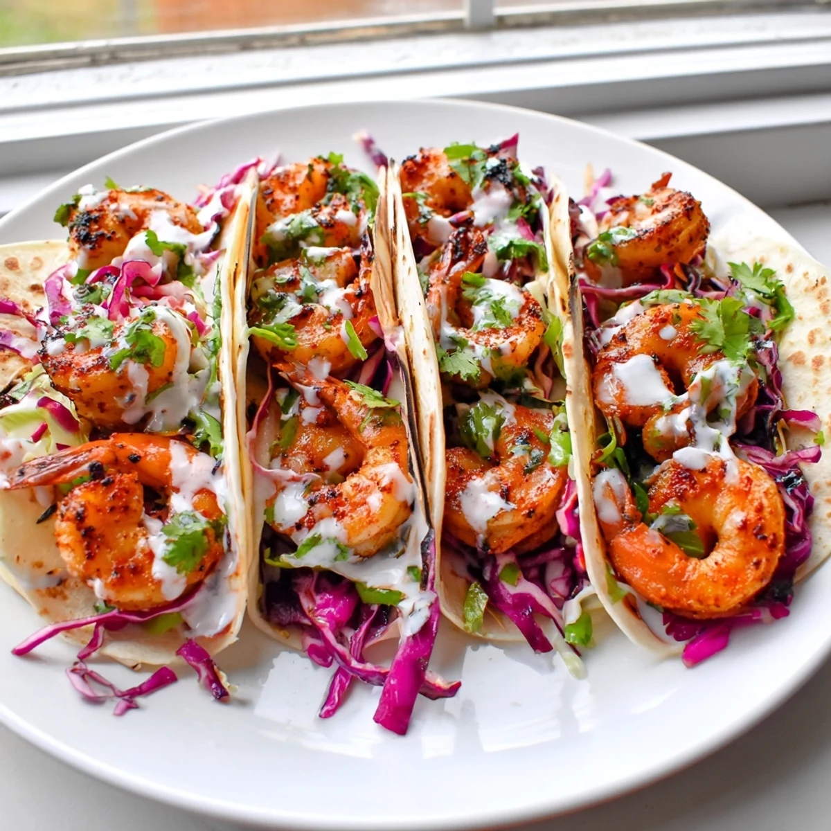 Plated Shrimp Tacos with Cabbage Slaw, featuring tender shrimp, tangy slaw, jalapeños, and a squeeze of fresh lime.