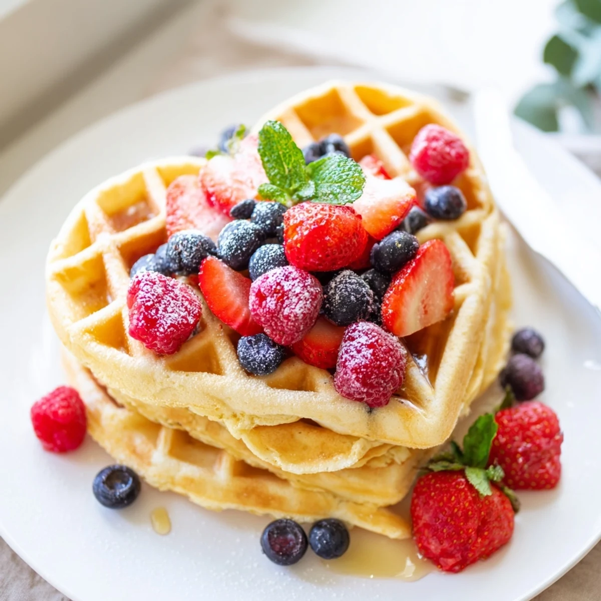 Fluffy golden heart-shaped waffles topped with fresh berries and powdered sugar for a sweet breakfast treat.  