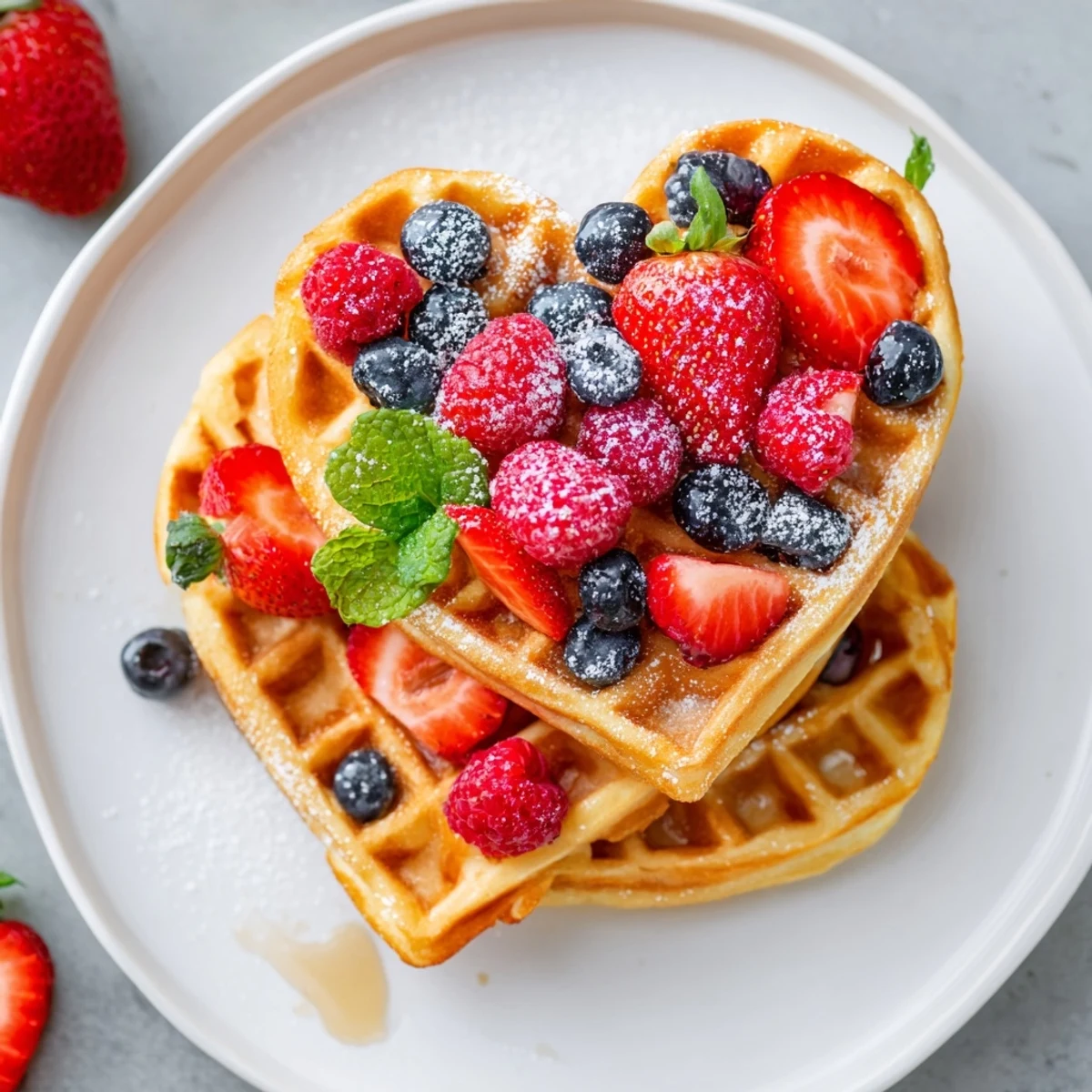 A close-up of Heart Shaped Waffles with Berries, drizzled with maple syrup and garnished with mint.  