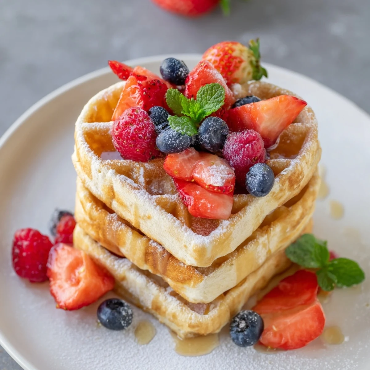 Heart Shaped Waffles with Berries arranged on a plate with strawberries, blueberries, and raspberries.