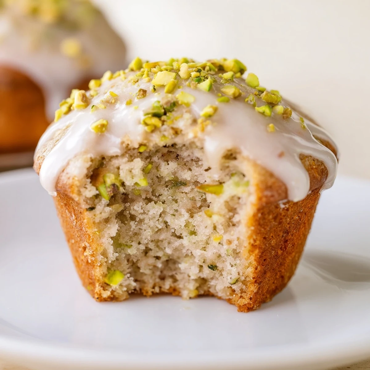 Golden pistachio muffins fresh from the oven, glistening with a sweet vanilla glaze and topped with chopped nuts.
