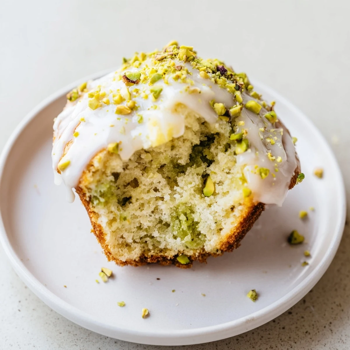 A close-up of moist pistachio muffins with a glossy vanilla drizzle, ready for a morning coffee or snack.