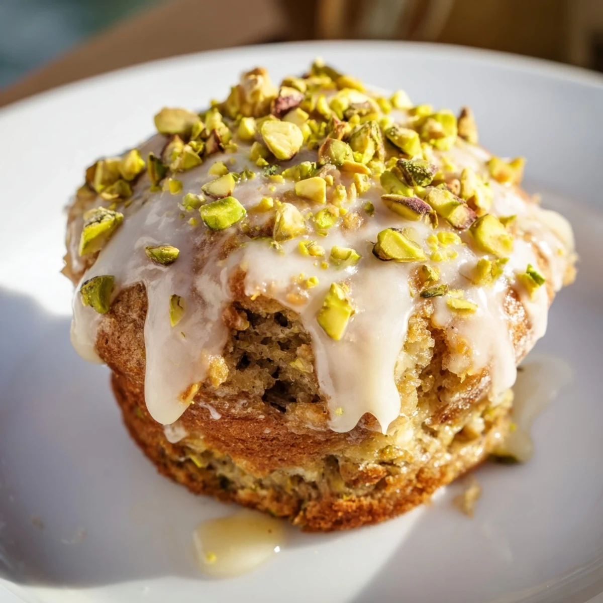 Freshly glazed pistachio muffins displayed on a wire rack, showcasing their crumbly texture and vibrant green pistachios.