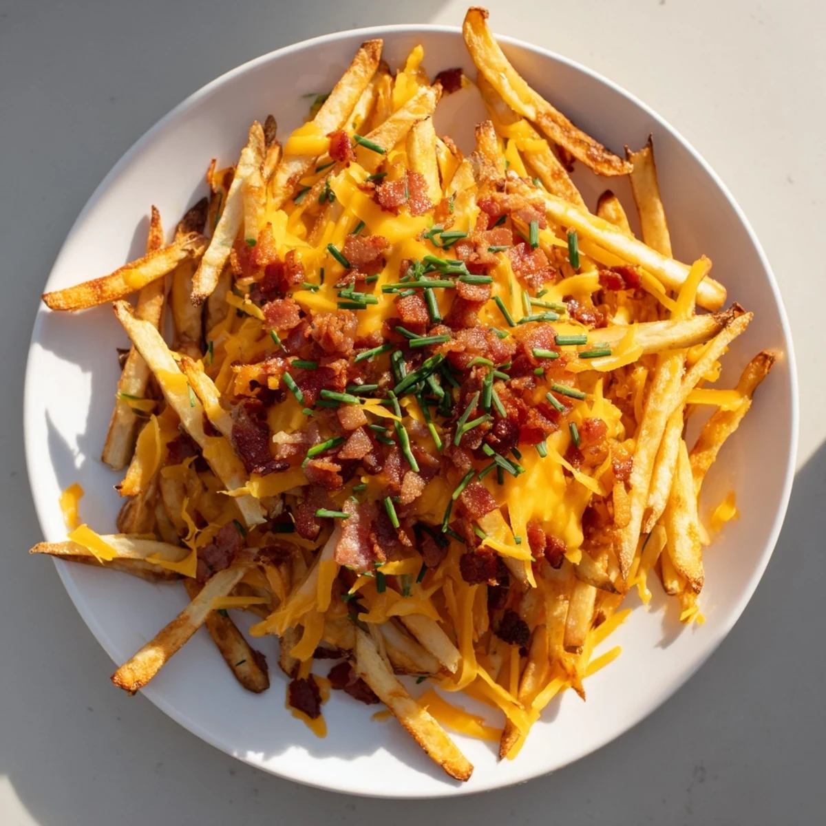 Crispy golden fries topped with melted cheddar and mozzarella, garnished with savory turkey bacon bits and fresh green onions.