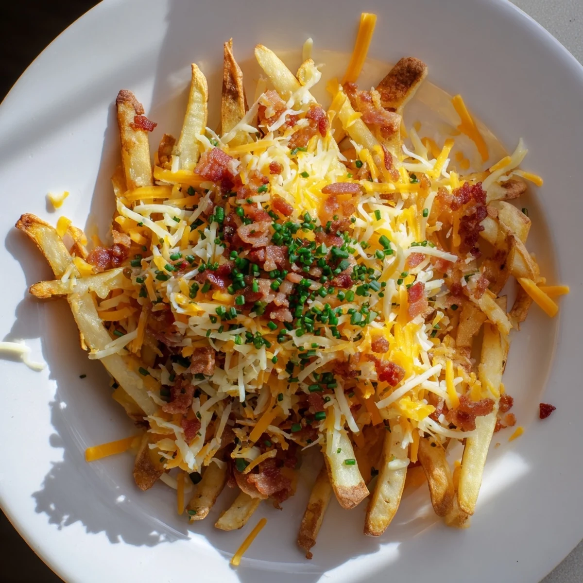 Golden-brown turkey bacon bits sprinkled over a bed of hot, cheesy fries for a savory snack.