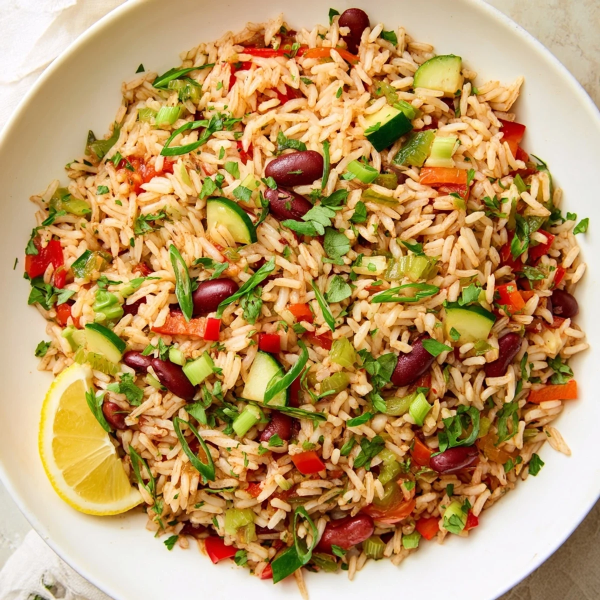 Spicy Vegetable Jambalaya with Kidney Beans served in a rustic skillet, garnished with fresh parsley and bright lemon wedges.  