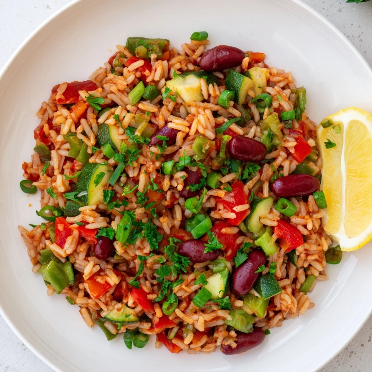 Hearty Vegetable Jambalaya with Kidney Beans packed with colorful vegetables, radiating aromatic steam alongside fluffy white rice.