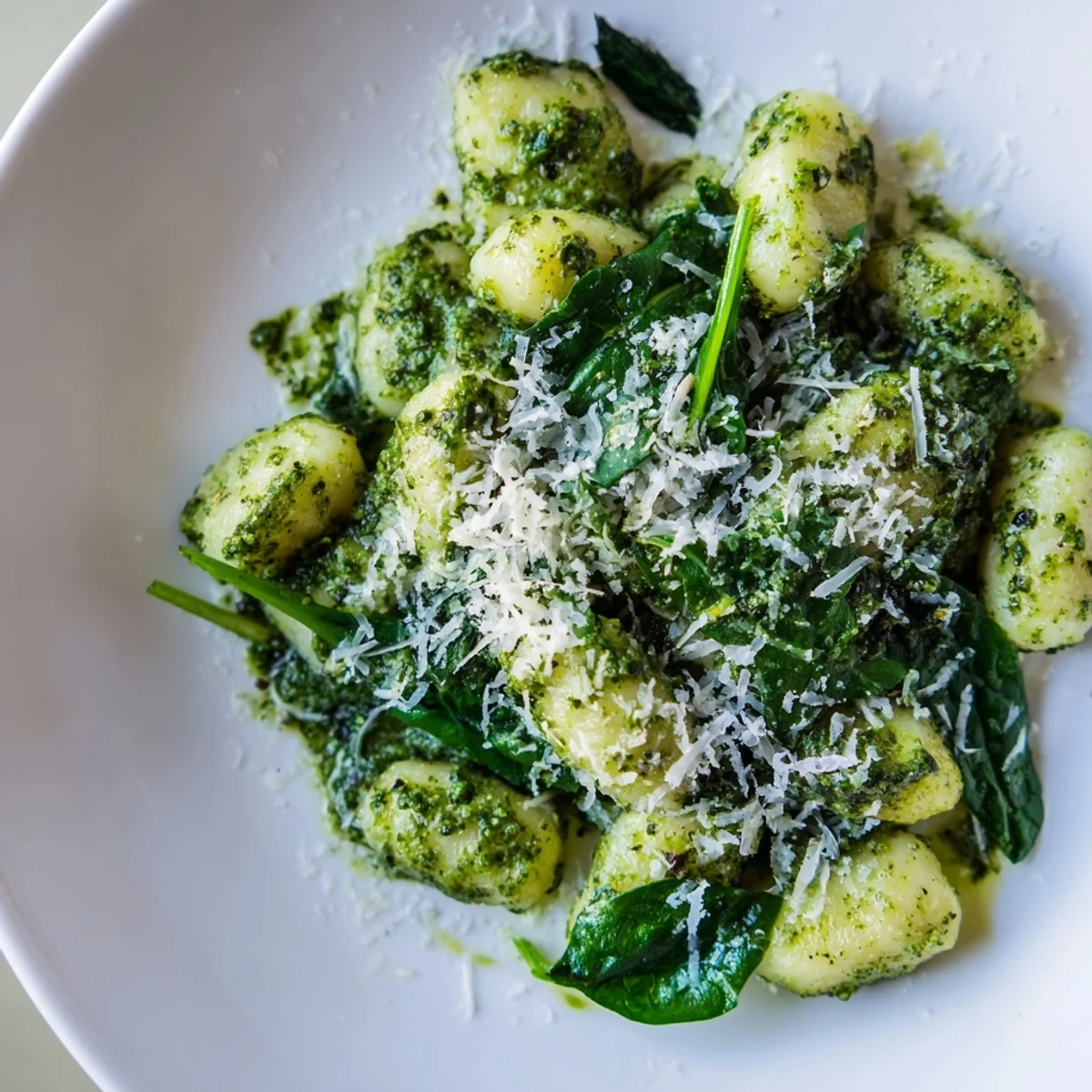 Golden gnocchi coated in bright basil pesto, wilted spinach, and shaved Parmesan, served warm on a rustic plate for a comforting Italian dinner.