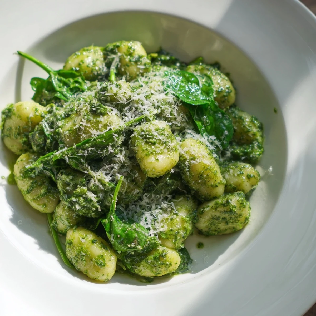 Hearty Pesto Gnocchi with Spinach and Parmesan, beautifully plated with olive oil drizzle, perfect for a quick vegetarian weeknight meal.